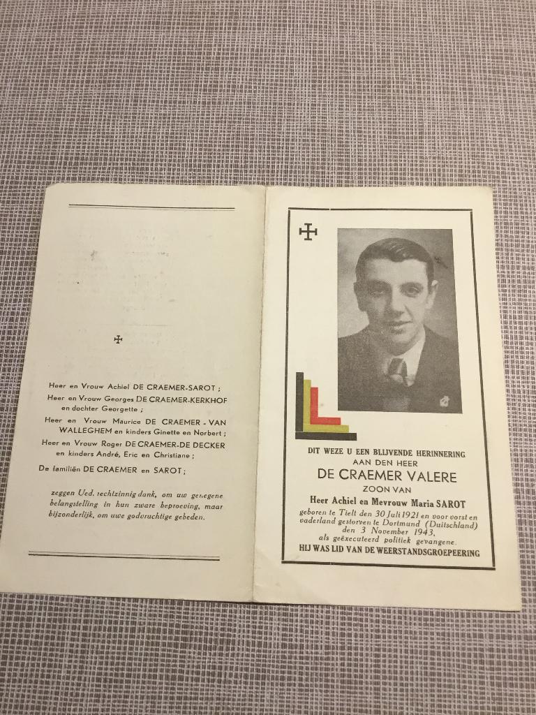 Victime de guerre V.De Craemer Tielt +Dortmund 1943 WOII, Envoi, Image pieuse