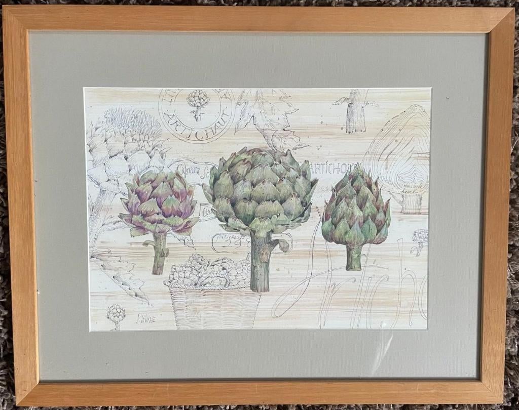 ingekaderde prent van artisjokken, Verzamelen, Foto's en Prenten, Ophalen of Verzenden, Zo goed als nieuw, Natuur, Prent