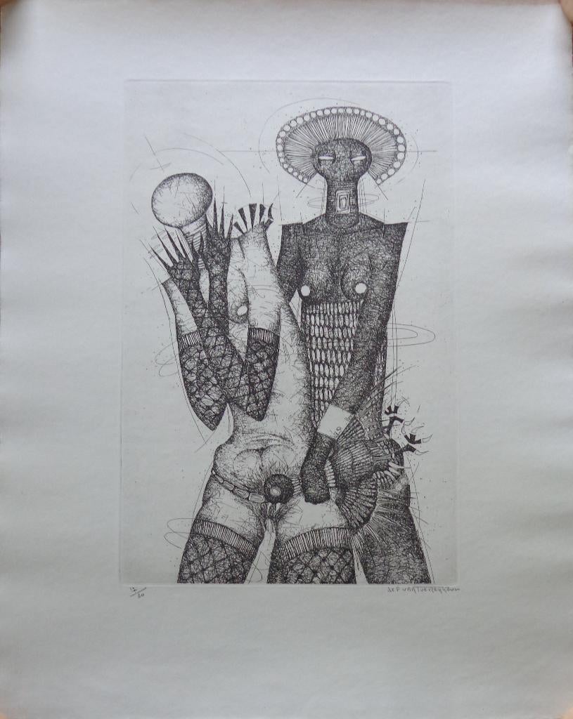 JEF VAN TUERENHOUT / EROTIEK / ZW-W ETS / 64x51cm / SIG, Antiek en Kunst, Kunst | Litho's en Zeefdrukken, Ophalen of Verzenden