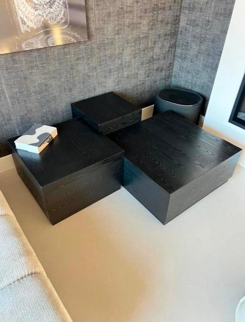 Tables d'appoint Woood en grain de bois noir, ensemble de 3, Carré, Enlèvement, Utilisé, Bois