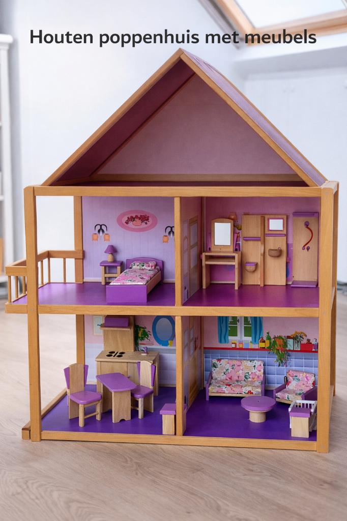 Groot houten poppenhuis met meubels – complete set, Ophalen, Gebruikt, Poppenhuis