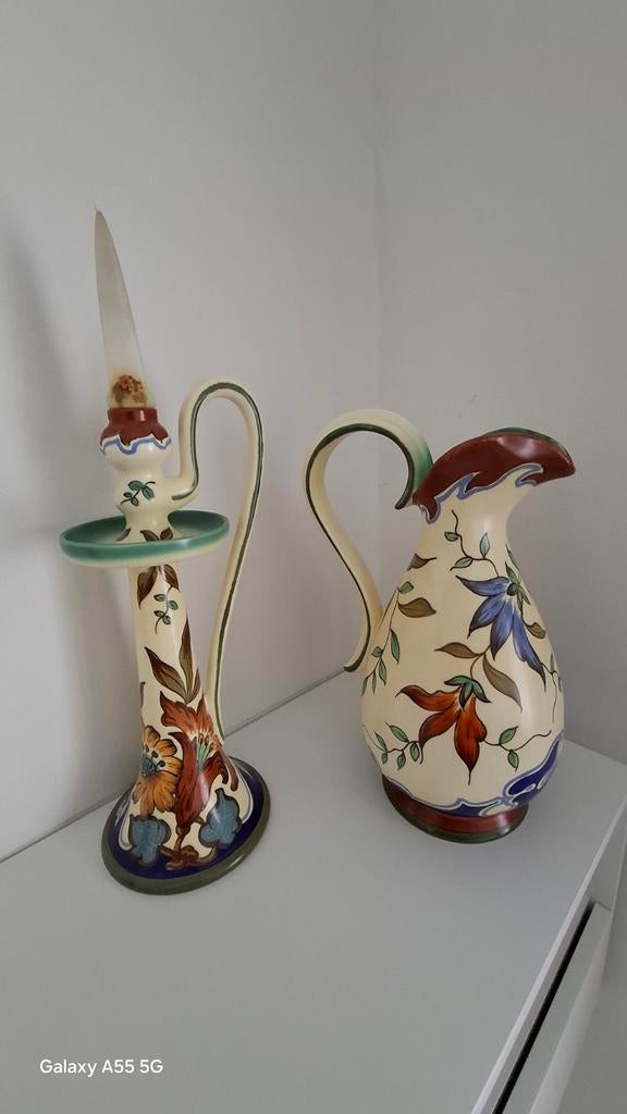 Mooi Geschilderde Vintage Kruik en kandelaar, Antiek en Kunst, Ophalen