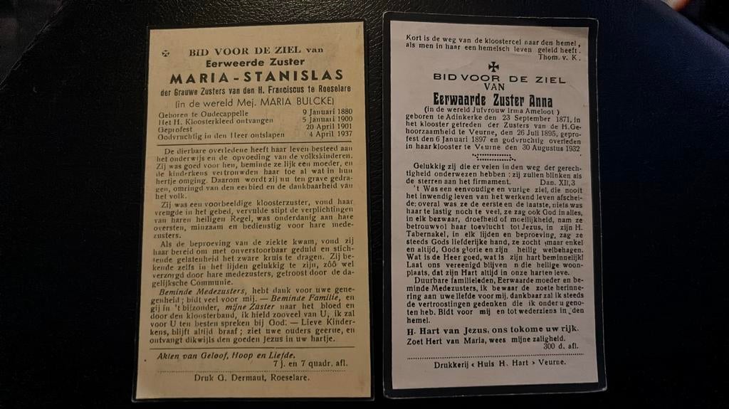 2 bidprentjes Bulcke Maria en Ameloot Irma kloosterzusters, Verzamelen, Verzenden, Bidprentje