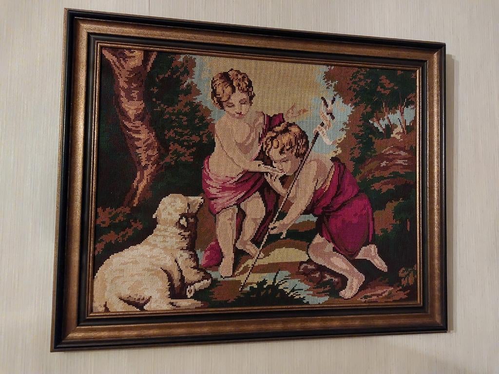 Borduurwerk in mooie kader van pastorale scène., Ophalen