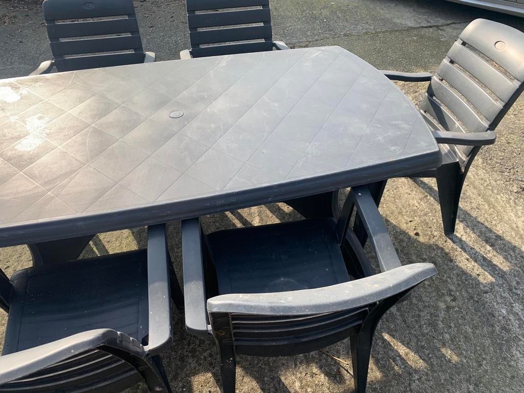 table de jardin ovale avec six chaises et base parasol, Jardin & Terrasse, Enlèvement, Comme neuf, Salons de jardin