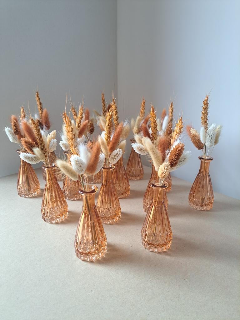 14 oranje vaasjes met droogbloemen, Huis en Inrichting, Woonaccessoires | Droogbloemen, Ophalen, Zo goed als nieuw