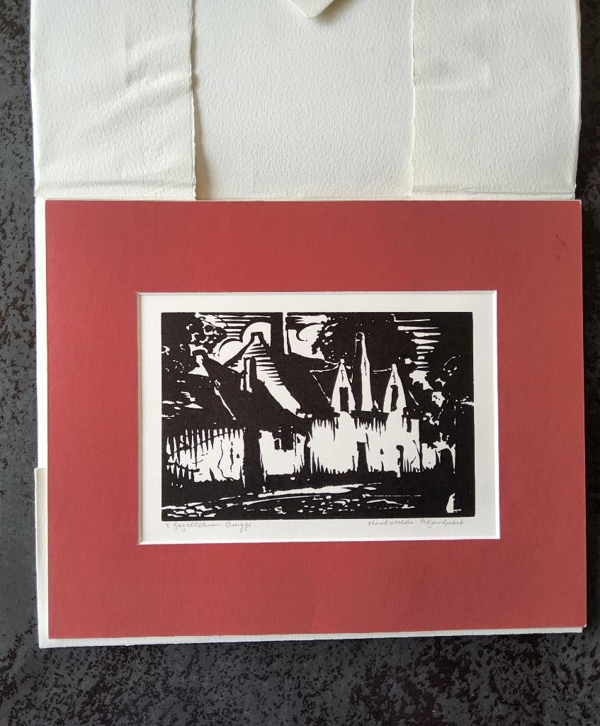 Houtsnede `t Gezellehuis Brugge door Ruysschaert, Architectuur, Ophalen of Verzenden, Houtsnede, Gesigneerd