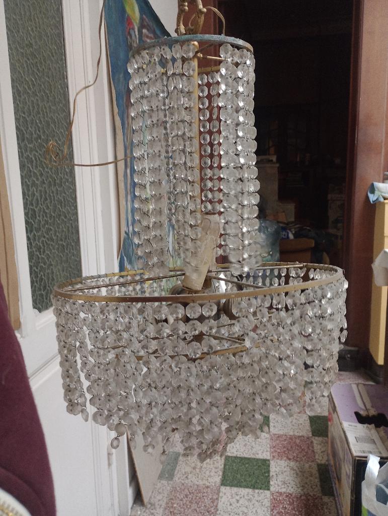 Lustre Montgolfière Vintage - Laiton et Verre - 90cm, Enlèvement, Utilisé, Verre
