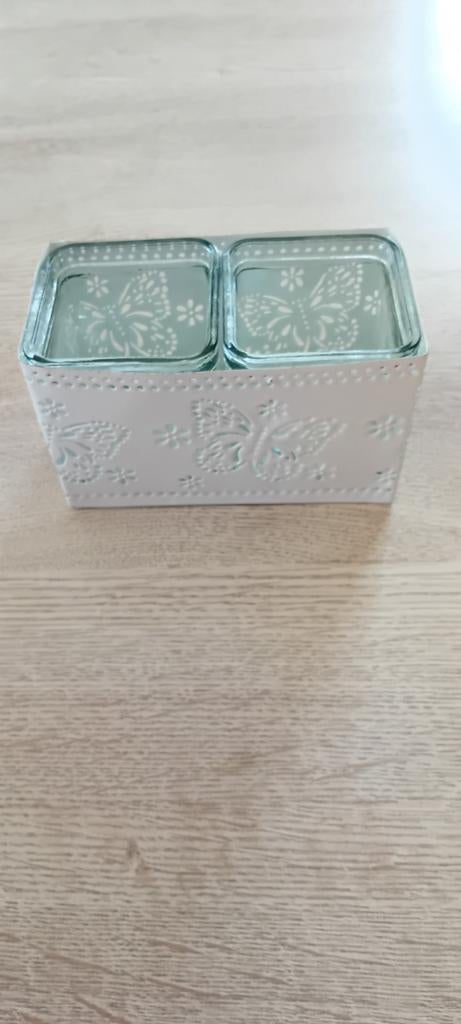 Kaarsenhouders van metaal en glas met vlindermotieven, Huis en Inrichting, Woonaccessoires | Kandelaars en Kaarsen, Zo goed als nieuw