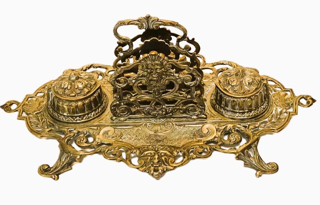 Frans inkstel met briefhouder, en Bacchus koppen., Ophalen of Verzenden, Koper