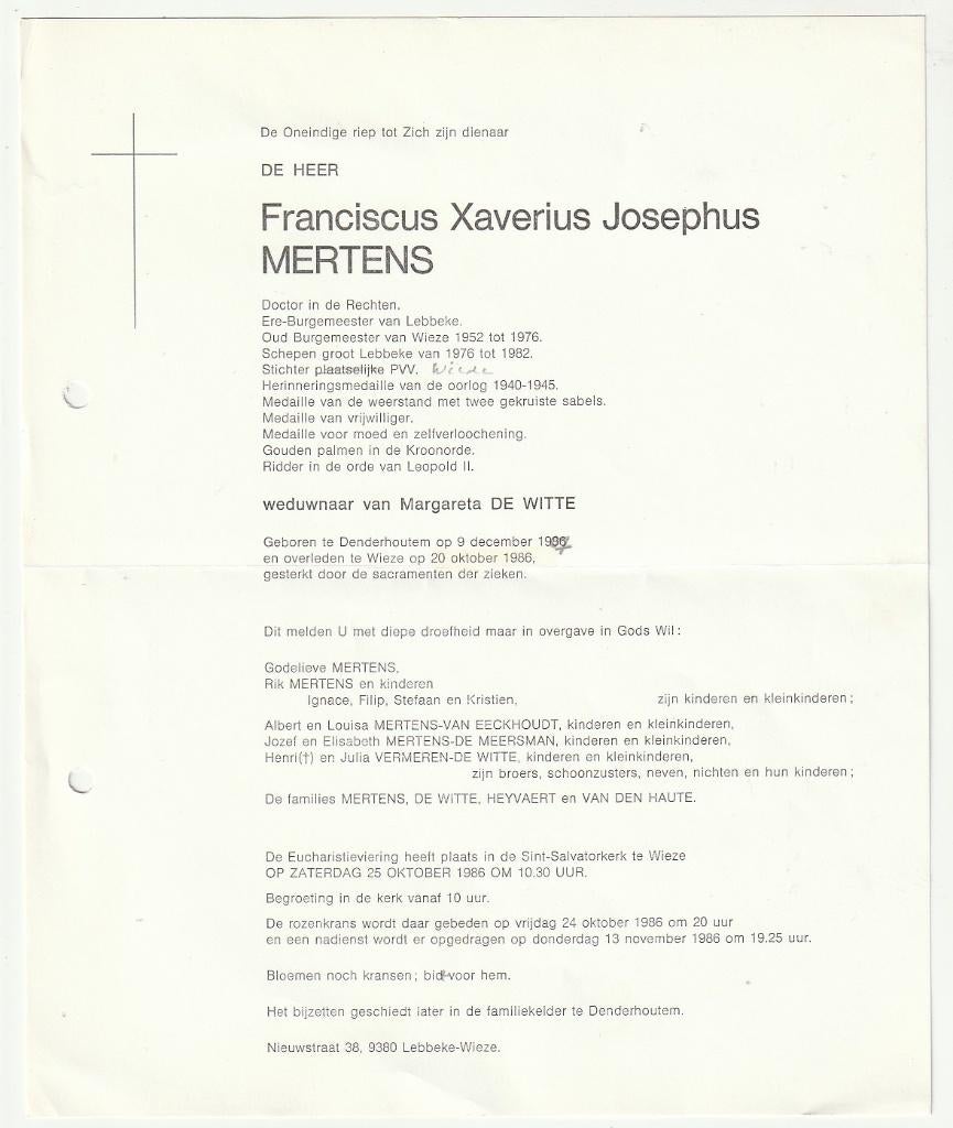Doodsbrief MERTENS Denderhoutem Wieze Burgemeester Lebbeke, Verzenden, Rouwkaart