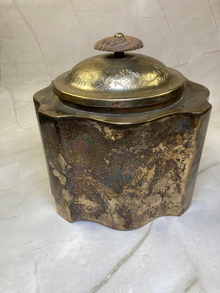 Boîte à thé laiton plaqué argent  Royal Family Sheffield, Antiquités & Art, Enlèvement ou Envoi, Argent