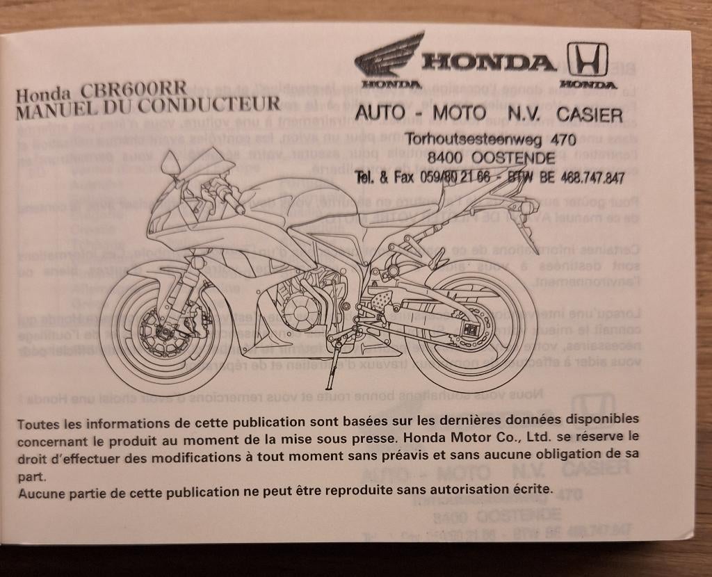 Manuel d'utilisation d'origine de la Honda CBR600RR, Envoi, Honda