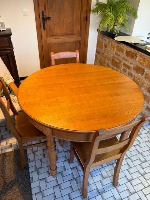 Table chêne + 4 chaises + rallonge, 100 à 150 cm, Cinq personnes ou plus, Rond, Comme neuf
