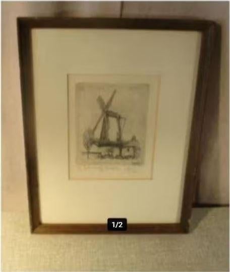 Mooie Oude Ets 'Grote Windmolen' - gesigneerd, Ophalen of Verzenden, Landschap, Ets, Ingelijst