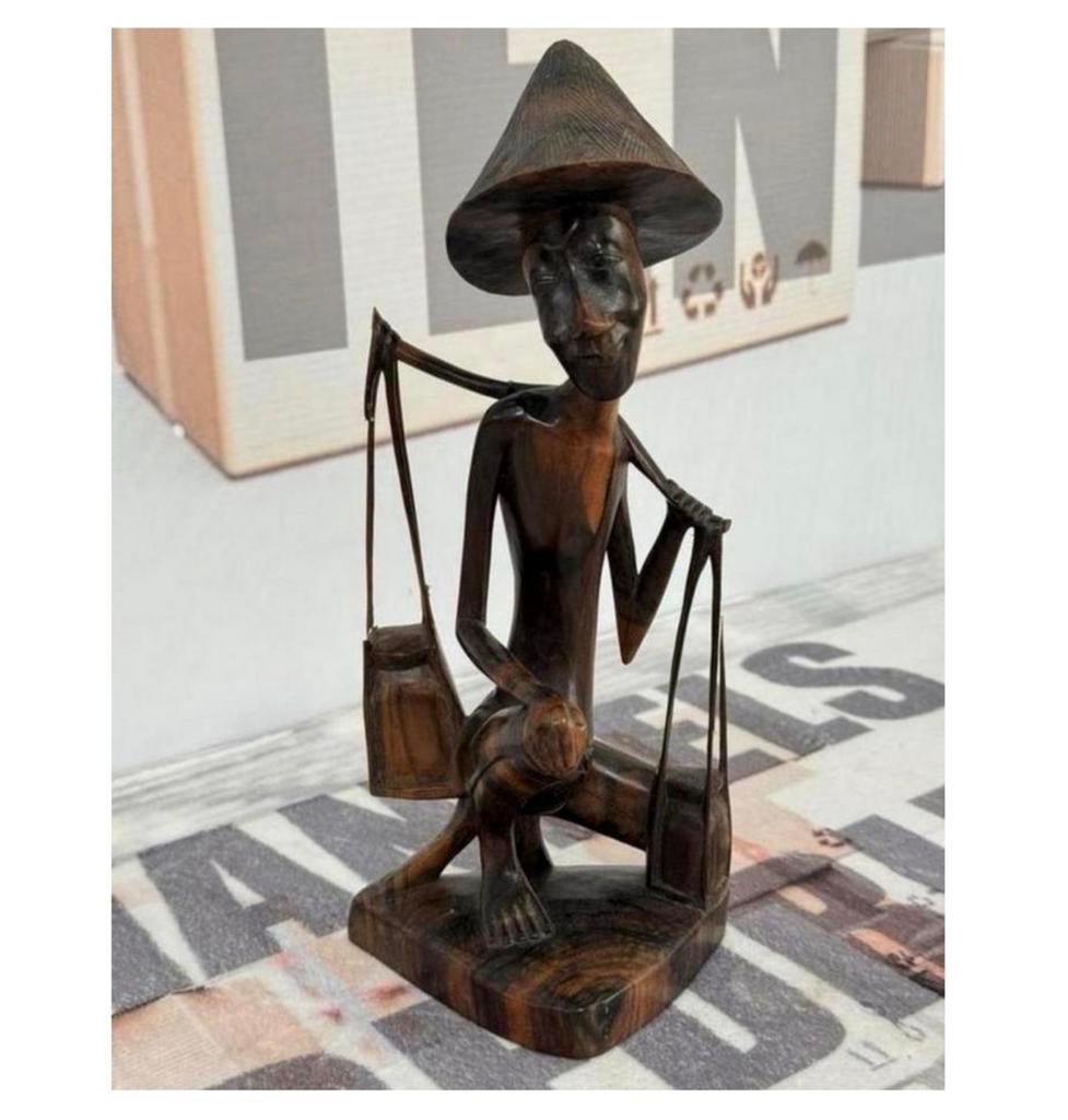 Vintage Mid-Century Balinese handgesneden houten visser boer, Ophalen of Verzenden