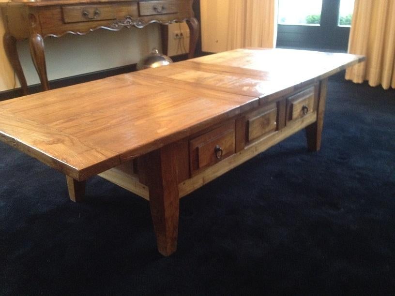 NIEUWE uittrekbare SALONTAFEL - TAFEL OUD TEAK Flamant, Ophalen, Zo goed als nieuw