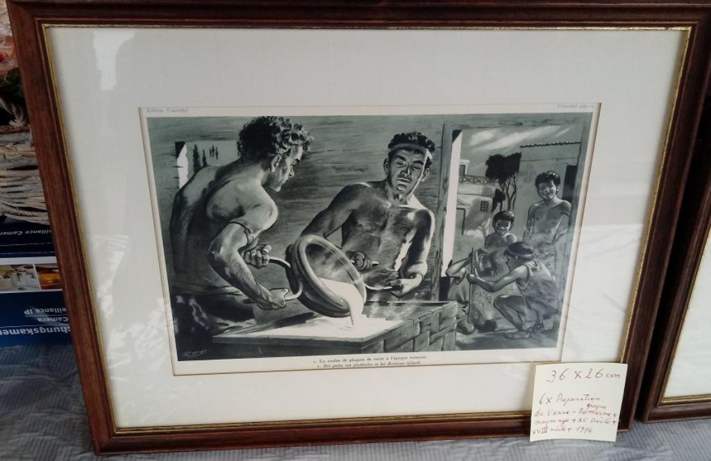 Lot 6 encadrements avec histoire de la fabrication du verre, Enlèvement ou Envoi, Gravure, Utilisé, Bâtiment