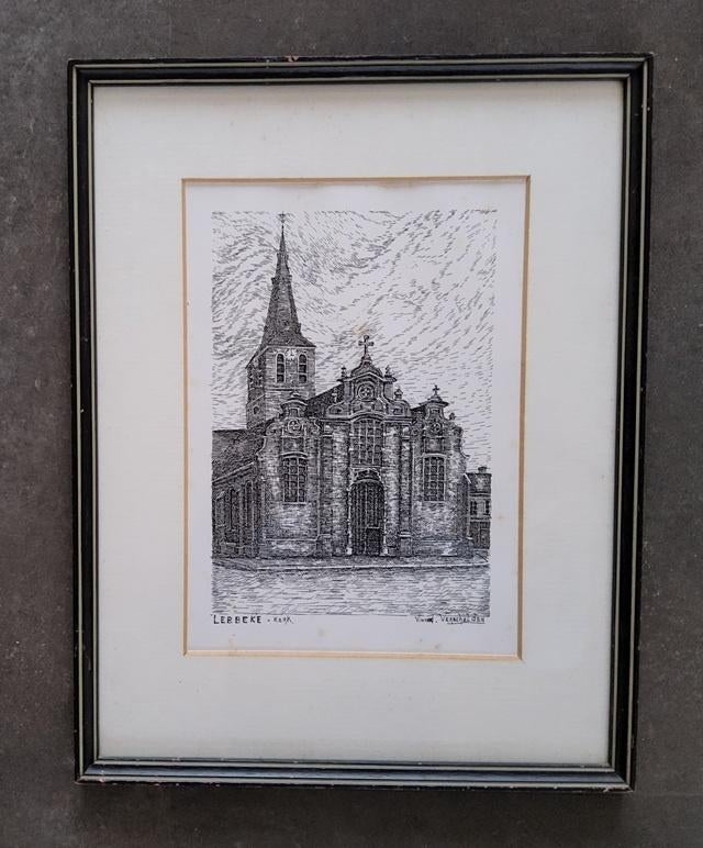 Tekening Lebbeke kerk door Vincent Verschelden, Ophalen of Verzenden