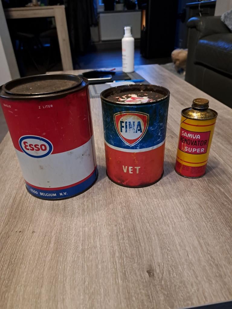 2 oude Esso Fina Olieblik vetblikken + 1 blikje, Ophalen of Verzenden