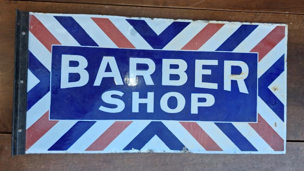 Dubbelzijdig emaille reclamebord BARBER SHOP, Ophalen of Verzenden