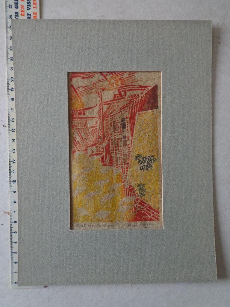 zeldzame hout- of linosnede in kleur Aubin Pasque "Stad", Origineel, 1950 - 1999, Stadsgezicht, Ophalen of Verzenden