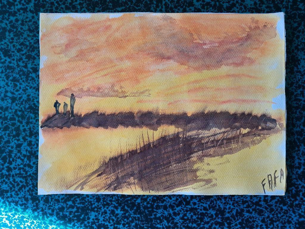 Akwarel - silhouetten bij zonsondergang, Antiek en Kunst, Ophalen of Verzenden