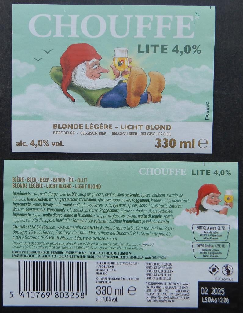 Étiquette de bière Chouffe Lite Brasserie d'Achouffe (13f3), Collections, Marques de bière, Utilisé, Envoi