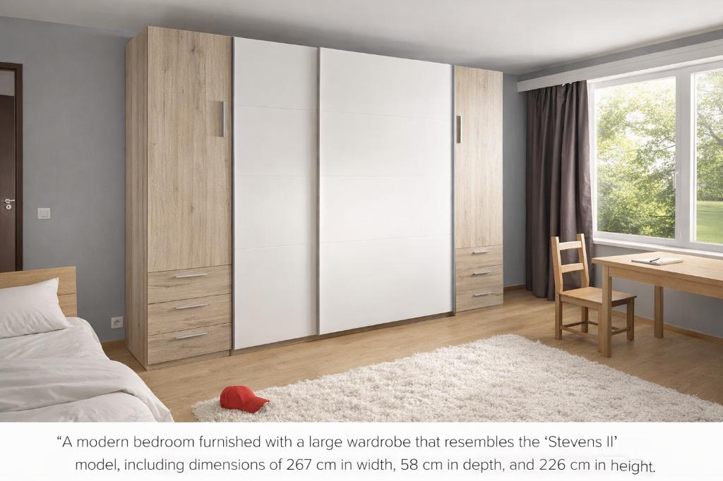 Grande armoire à portes coulissantes à vendre 267cm de large, 200 cm ou plus, Finition bois clair et panneaux blancs, design épuré et élégant.