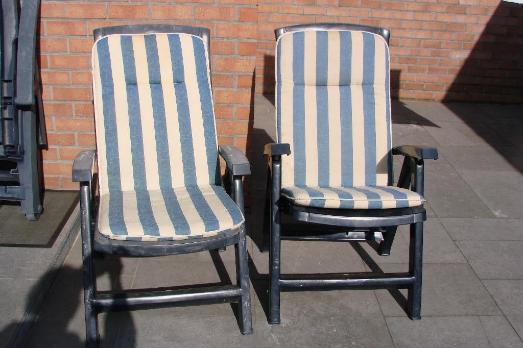 2 tuinzetels met zitkussen: opplooibaar, Tuin en Terras, Ophalen, Gebruikt, Kunststof, Verstelbaar