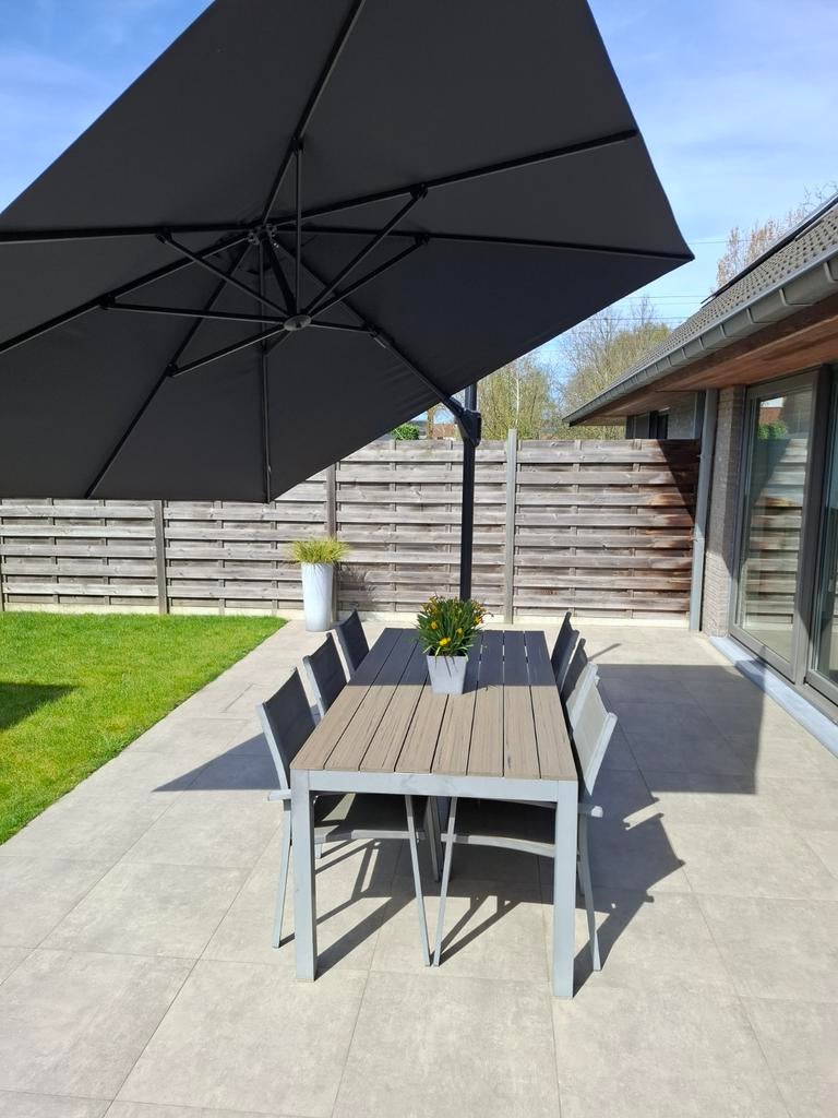 Tuintafel met 6 stoelen grijs alu met verstelbareparasol, Tuin en Terras, Ophalen, Gebruikt, 6 zitplaatsen, Aluminium