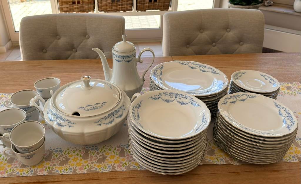 Vintage volledige porseleinen servies set blauw/wit 12p, Ophalen