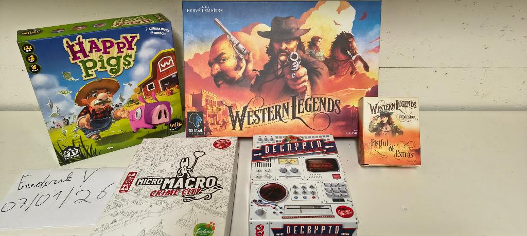 FR: WesternLegends+exp,MicroMacro,Decrypto,HappyPigs, Ophalen