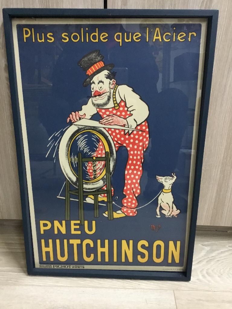 Ancienne affiche originale pneu Hutchinson 57x 37cm, Rectangulaire vertical, Avec cadre, Utilisé, Publicité