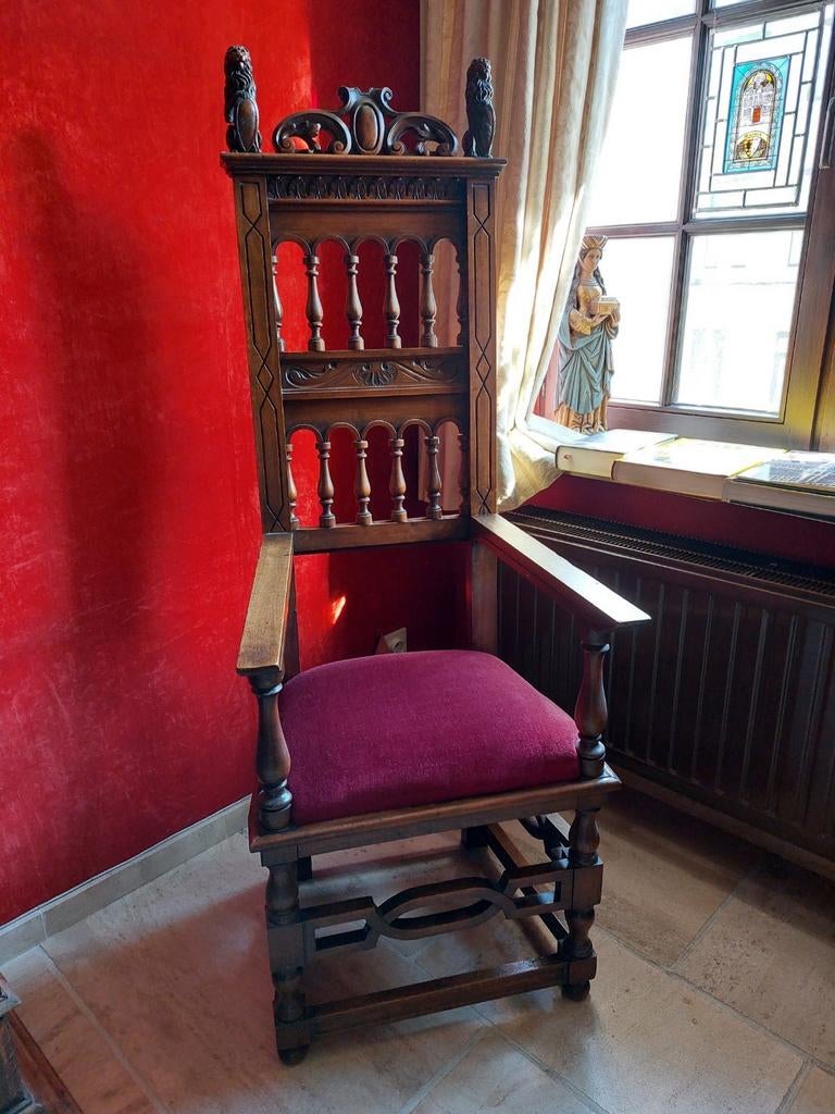 Vlaamse neo-renaissance stoel – handgesneden, massief eikenh, Huis en Inrichting, Fauteuils, Nieuw, Ophalen