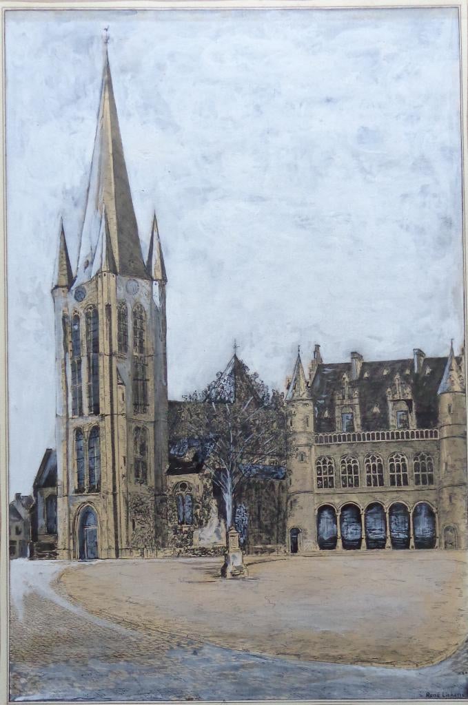 RENE LIEKENS / ONZE-LIEVE-VROUW WAVER / ORIGINEEL / 54x36cm, Antiek en Kunst, Kunst | Tekeningen en Fotografie, Ophalen of Verzenden