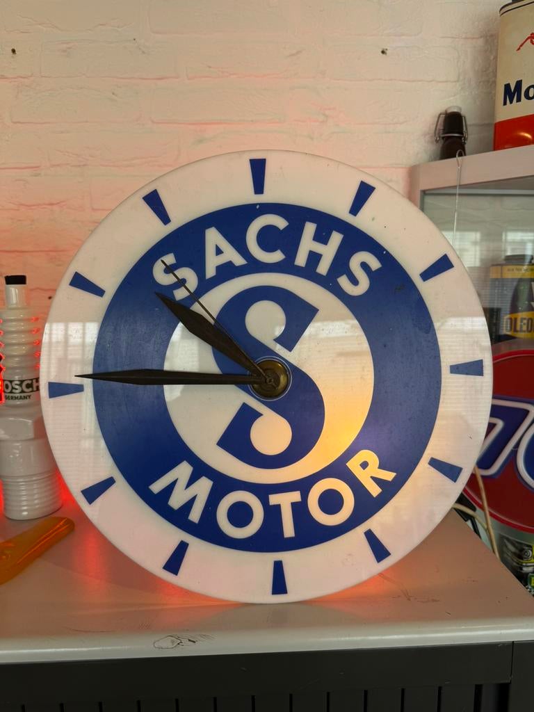 Oude SACHS Motor reclame klok verlichting, Verzamelen, Ophalen, Gebruikt, Lichtbak of (neon) lamp