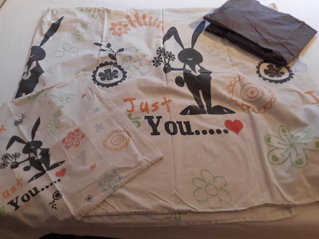 Parure de lit complète d'une personne "JUST FOR YOU" lapins, Maison & Meubles, Gris, Housse de couette, Une personne, Enlèvement