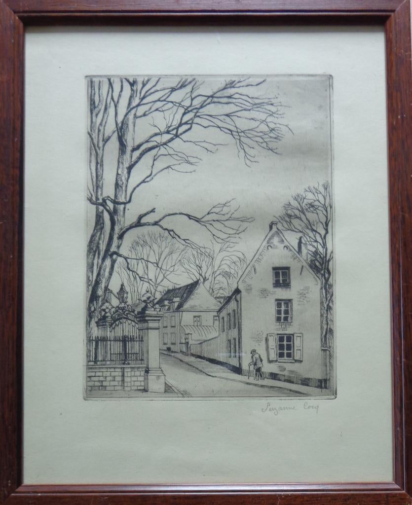 Delen SUZANNE COCQ / DORPSZICHT / ZW-W ETS / 32x26cm / KADER, Eau-forte, Enlèvement ou Envoi, Signé, Architecture