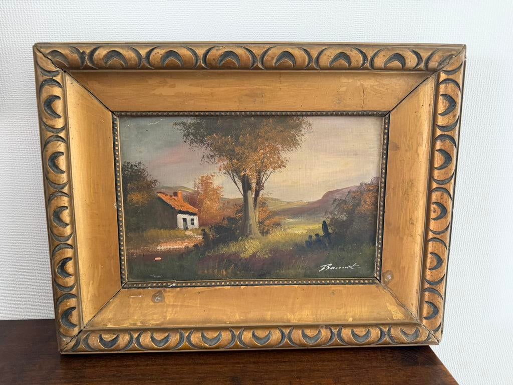 Landschapschilderij met goudkleurige kader rustiek, Ophalen of Verzenden