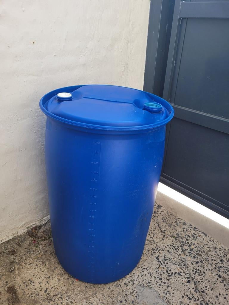 Blauwe plastic trommel van 220 l, Tuin en Terras, Ophalen
