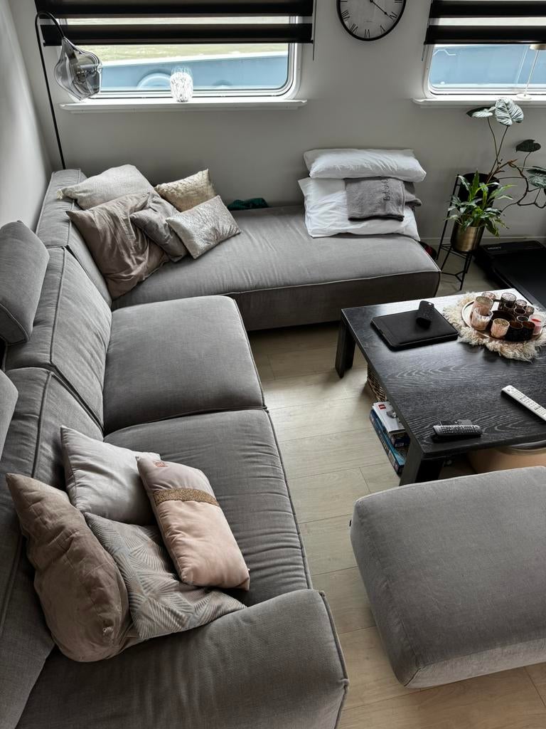 Taupe zetel met grote longchair en poef, Ophalen, Gebruikt, Stof, Modern