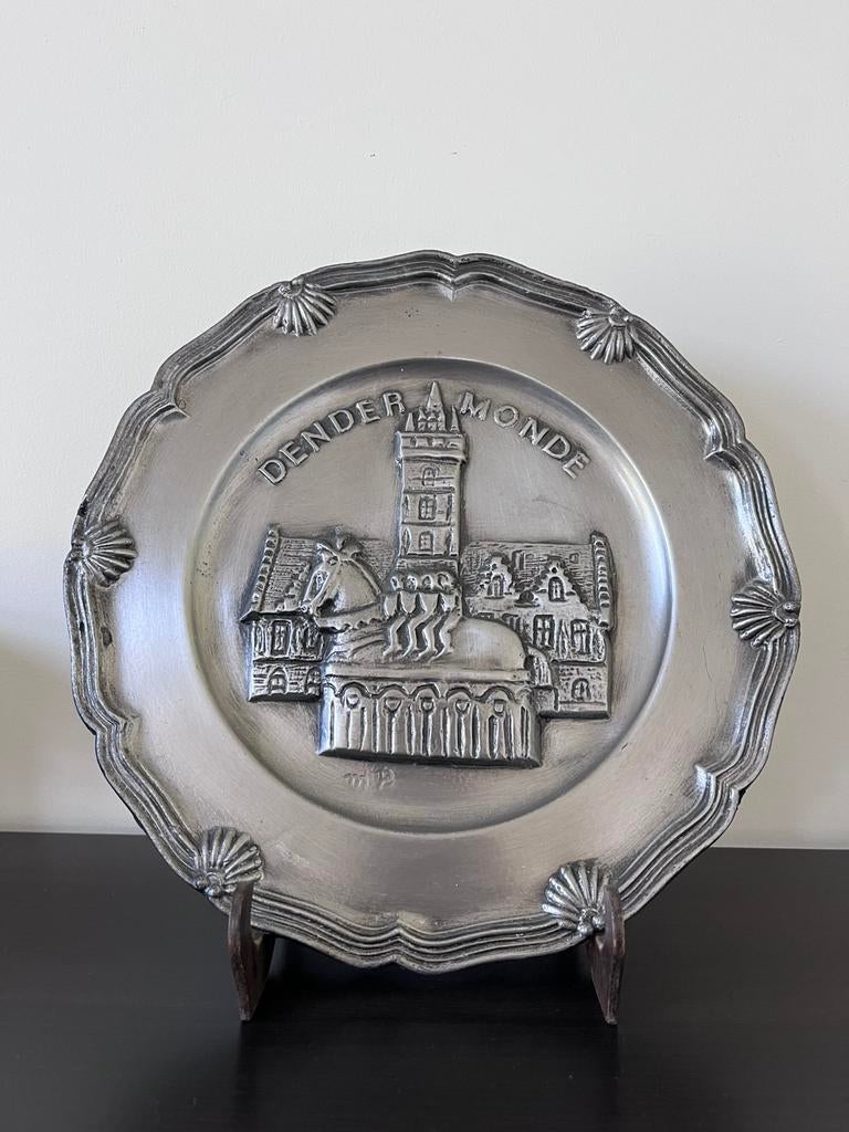 Mooi tinnen bord Ros Beiaard Dendermonde gesigneerd (0,85gr), Antiek en Kunst, Ophalen of Verzenden