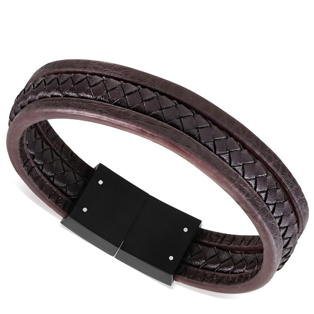 Bracelet en cuir marron pour homme en acier inoxydable, Enlèvement ou Envoi, Neuf, Brun, Cuir