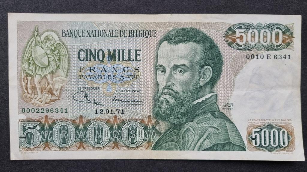 Bankbiljet 5000 frank België Vesale 1971, Ophalen of Verzenden, België