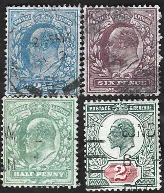 4 Postzegels Groot-Brittannië 1902 Koning Edward VII, Ophalen of Verzenden, Gestempeld