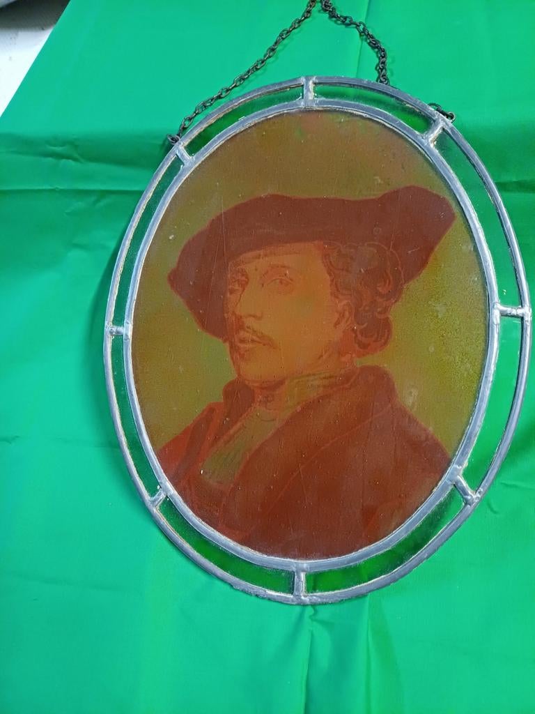 Oud glasraam in gelood glas. 28cm op 22cm, Antiek en Kunst, Ophalen of Verzenden