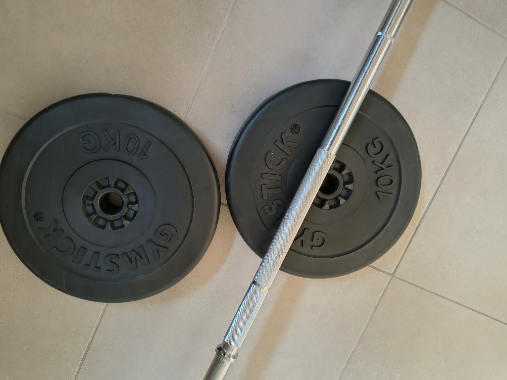 Halterstang + Halterschijven, Sport en Fitness, Fitnessmaterialen, Ophalen, Zo goed als nieuw, Halterschijven