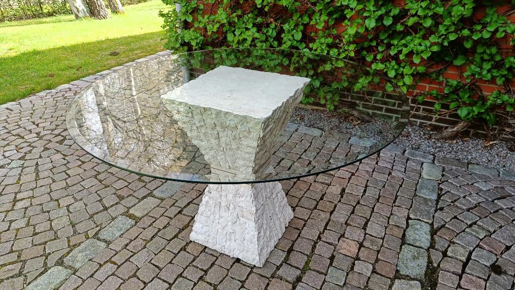 Glazen ronde tafel op centrale zuil, Huis en Inrichting, Tafels | Eettafels, Ophalen, Gebruikt