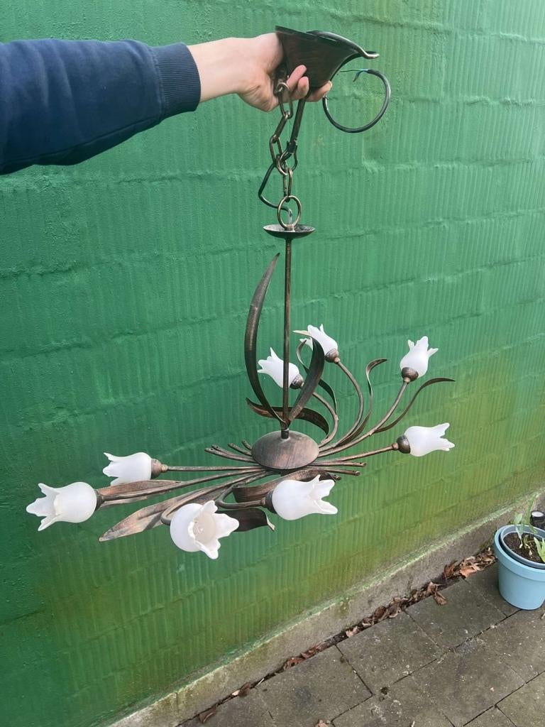 Kroonluchter florentijnse stijn met 8 tulpen, fitting E14, Huis en Inrichting, Lampen | Kroonluchters, Ophalen, Glas